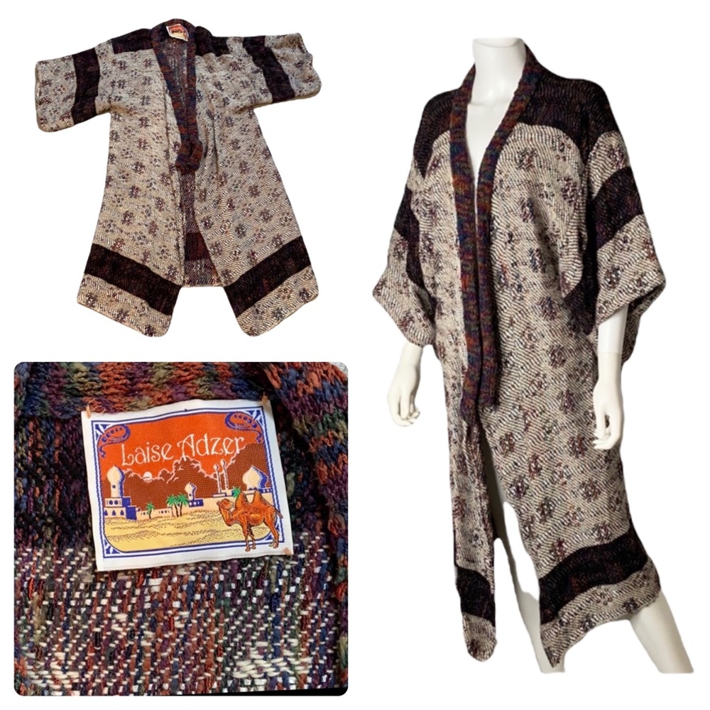 Vintage 1980s Laise Adzer Ikat Knit Heavy 3/4 Sleeves Kimono Duster Jacket OS - Picture 1 of 4